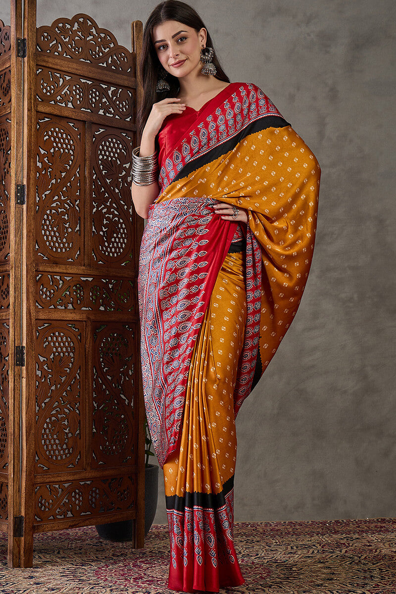 Exquisite Yellow Ajrakh Printed Semi Modal Silk Saree With Evocative Blouse Piece