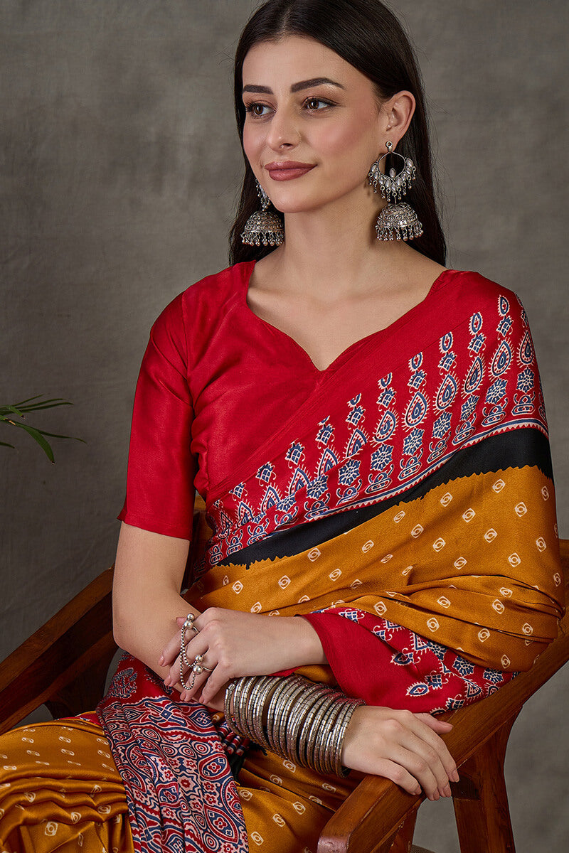 Exquisite Yellow Ajrakh Printed Semi Modal Silk Saree With Evocative Blouse Piece