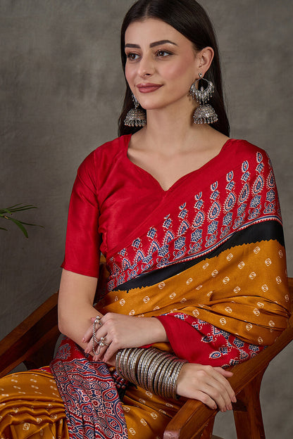 Exquisite Yellow Ajrakh Printed Semi Modal Silk Saree With Evocative Blouse Piece