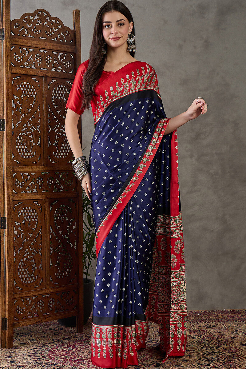Wonderful Navy Blue Ajrakh Printed Semi Modal Silk Saree With Captivating Blouse Piece