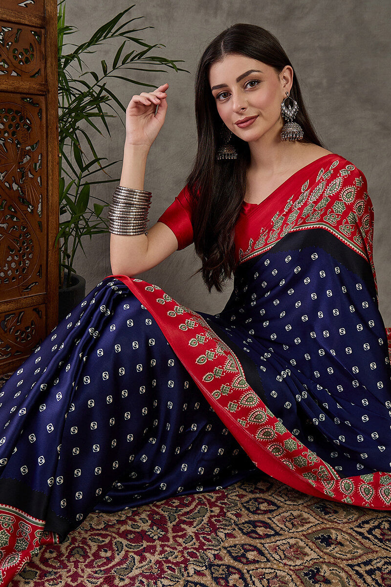 Wonderful Navy Blue Ajrakh Printed Semi Modal Silk Saree With Captivating Blouse Piece