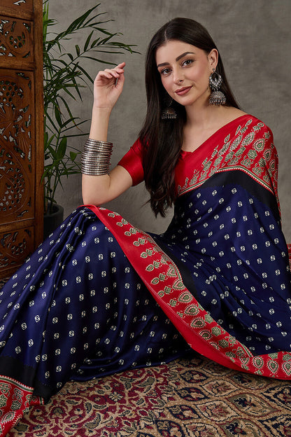 Wonderful Navy Blue Ajrakh Printed Semi Modal Silk Saree With Captivating Blouse Piece