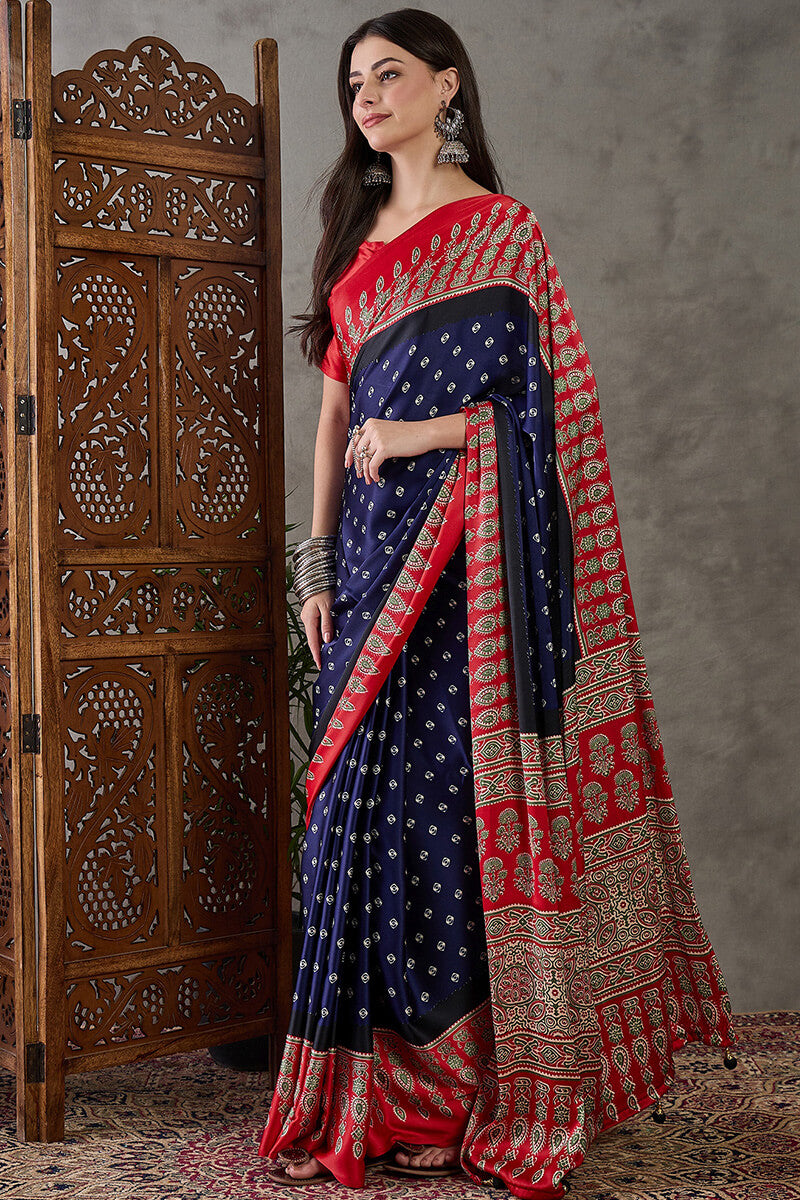 Wonderful Navy Blue Ajrakh Printed Semi Modal Silk Saree With Captivating Blouse Piece