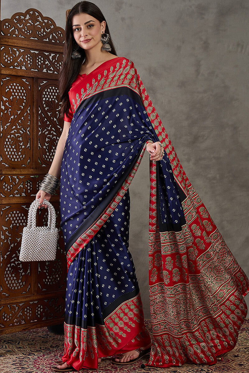 Wonderful Navy Blue Ajrakh Printed Semi Modal Silk Saree With Captivating Blouse Piece