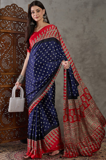 Wonderful Navy Blue Ajrakh Printed Semi Modal Silk Saree With Captivating Blouse Piece