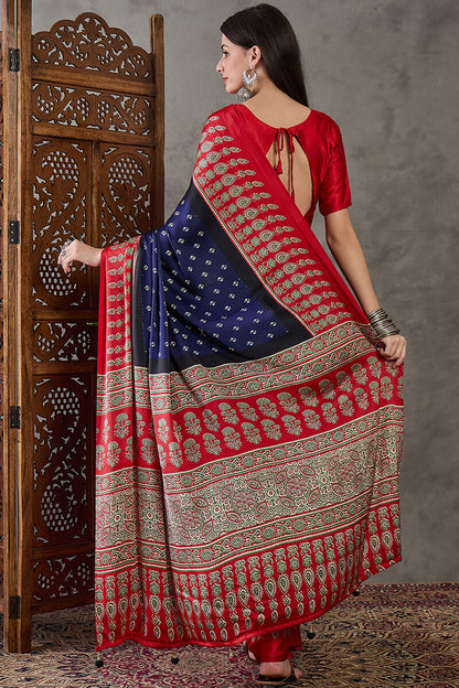 Wonderful Navy Blue Ajrakh Printed Semi Modal Silk Saree With Captivating Blouse Piece