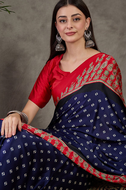 Wonderful Navy Blue Ajrakh Printed Semi Modal Silk Saree With Captivating Blouse Piece