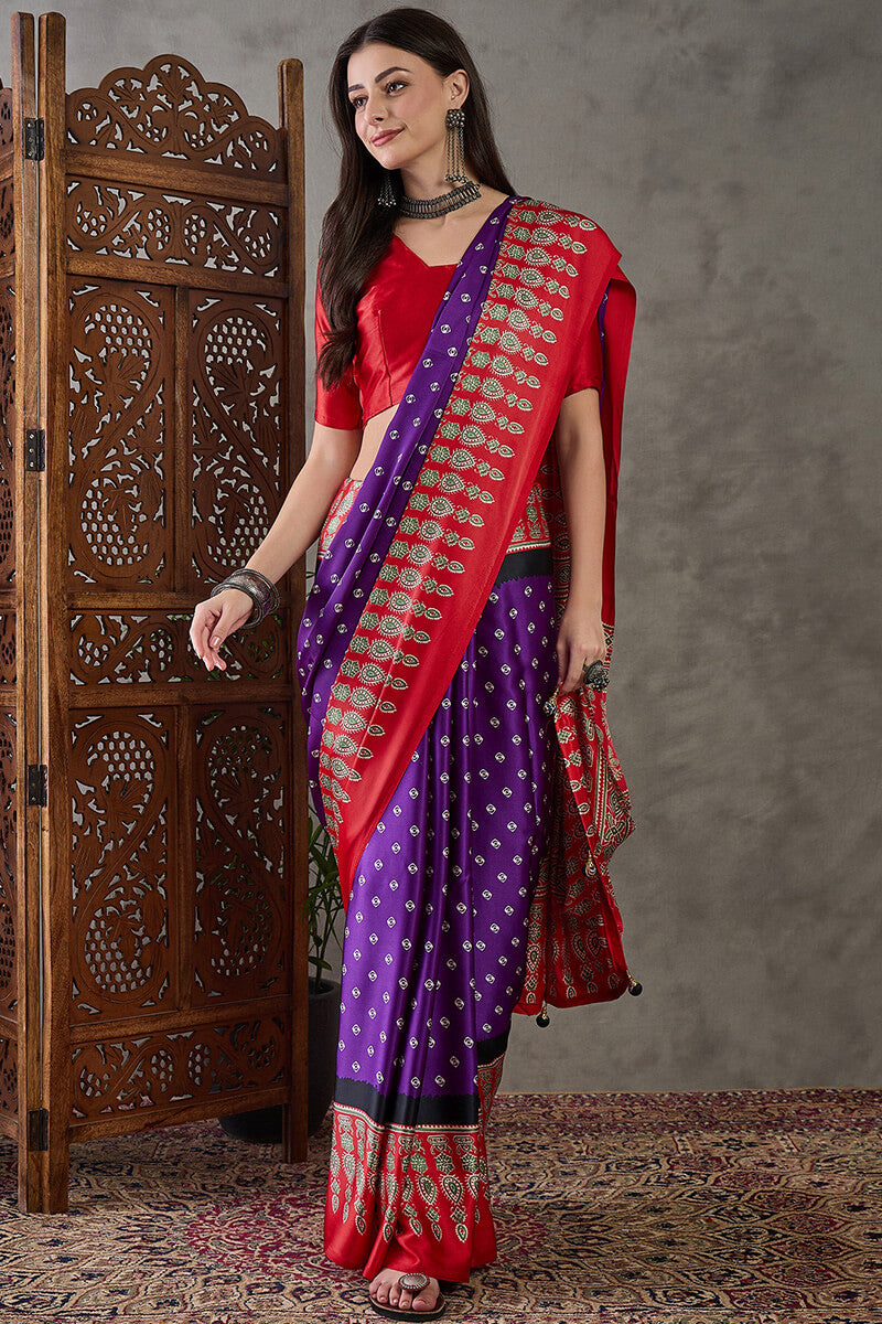 Demanding Purple Ajrakh Printed Semi Modal Silk Saree With Dalliance Blouse Piece