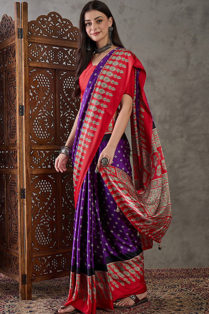 Demanding Purple Ajrakh Printed Semi Modal Silk Saree With Dalliance Blouse Piece