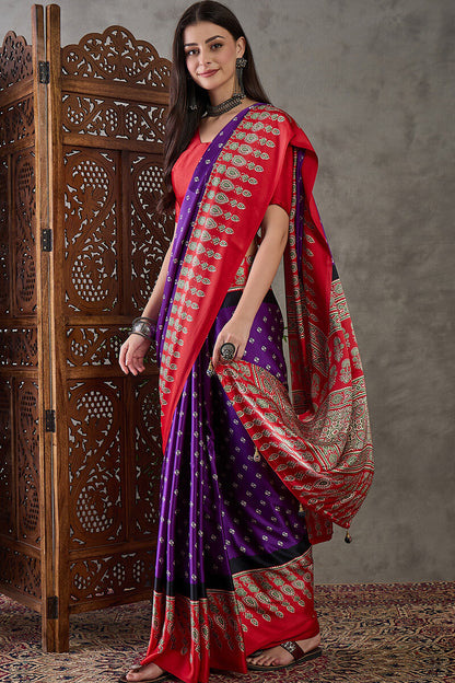 Demanding Purple Ajrakh Printed Semi Modal Silk Saree With Dalliance Blouse Piece