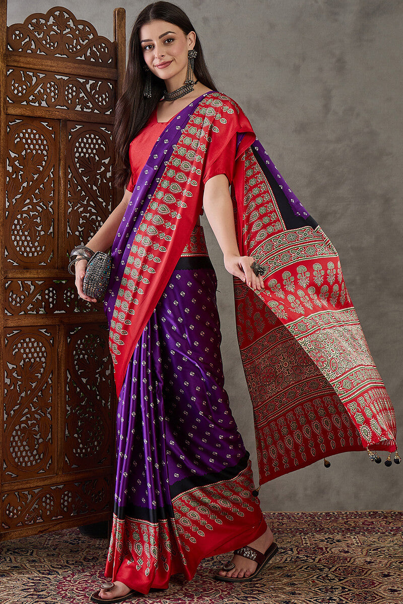 Demanding Purple Ajrakh Printed Semi Modal Silk Saree With Dalliance Blouse Piece