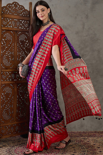Demanding Purple Ajrakh Printed Semi Modal Silk Saree With Dalliance Blouse Piece