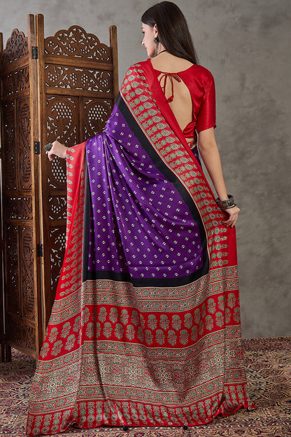 Demanding Purple Ajrakh Printed Semi Modal Silk Saree With Dalliance Blouse Piece