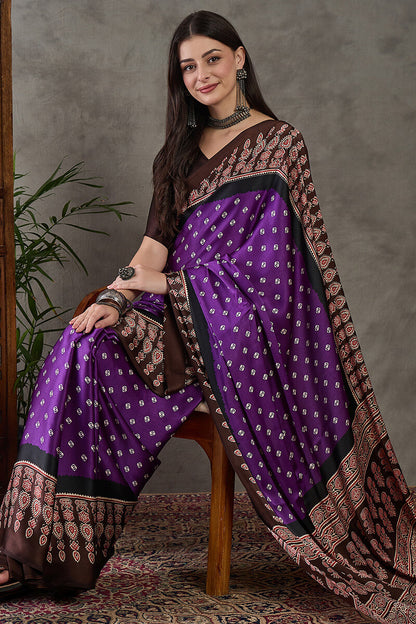 Rhapsody Royal Purple Ajrakh Printed Semi Modal Silk Saree With Proficient Blouse Piece