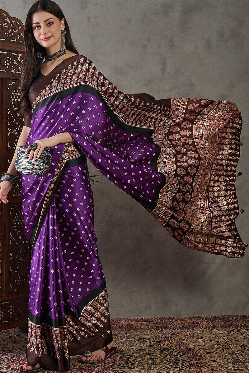 Rhapsody Royal Purple Ajrakh Printed Semi Modal Silk Saree With Proficient Blouse Piece