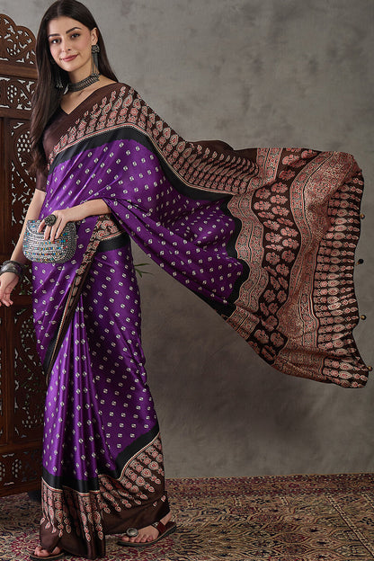 Rhapsody Royal Purple Ajrakh Printed Semi Modal Silk Saree With Proficient Blouse Piece