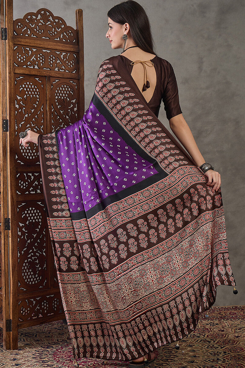 Rhapsody Royal Purple Ajrakh Printed Semi Modal Silk Saree With Proficient Blouse Piece