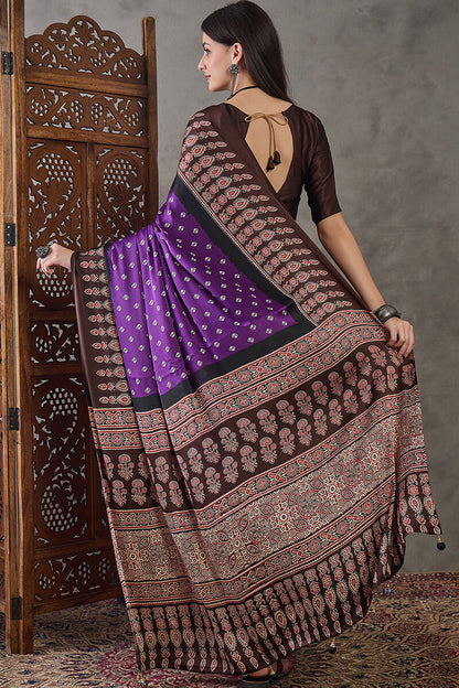 Rhapsody Royal Purple Ajrakh Printed Semi Modal Silk Saree With Proficient Blouse Piece