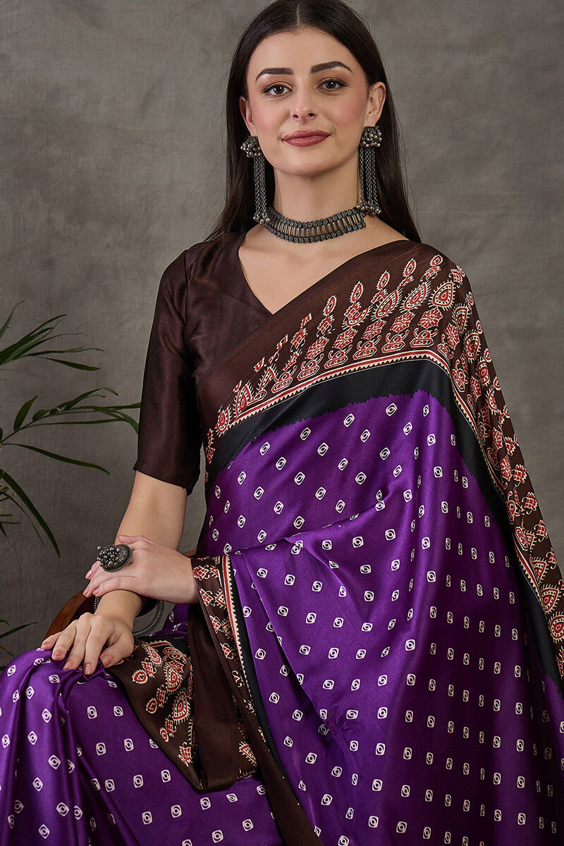 Rhapsody Royal Purple Ajrakh Printed Semi Modal Silk Saree With Proficient Blouse Piece