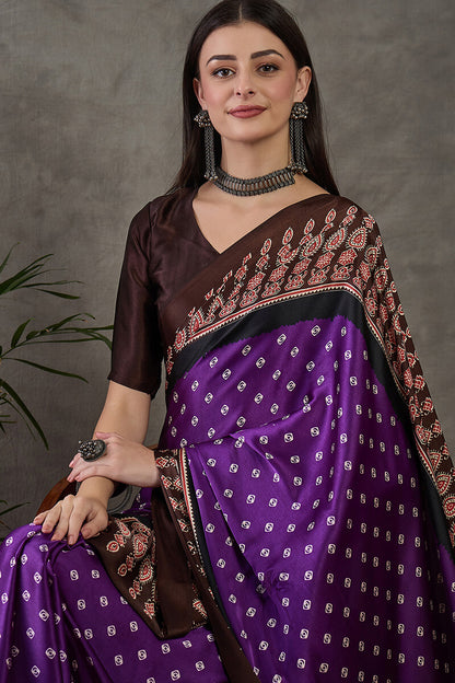 Rhapsody Royal Purple Ajrakh Printed Semi Modal Silk Saree With Proficient Blouse Piece