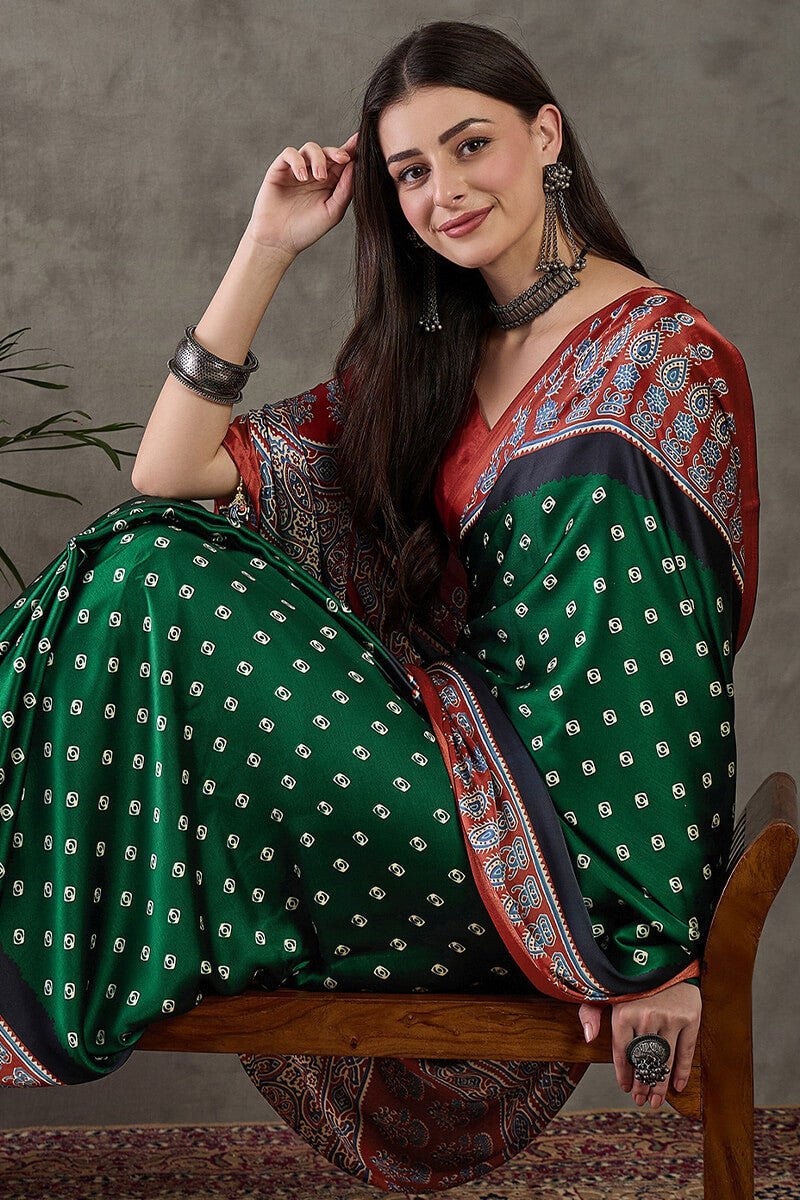 Deserving Dark Green Ajrakh Printed Semi Modal Silk Saree With Stunner Blouse Piece