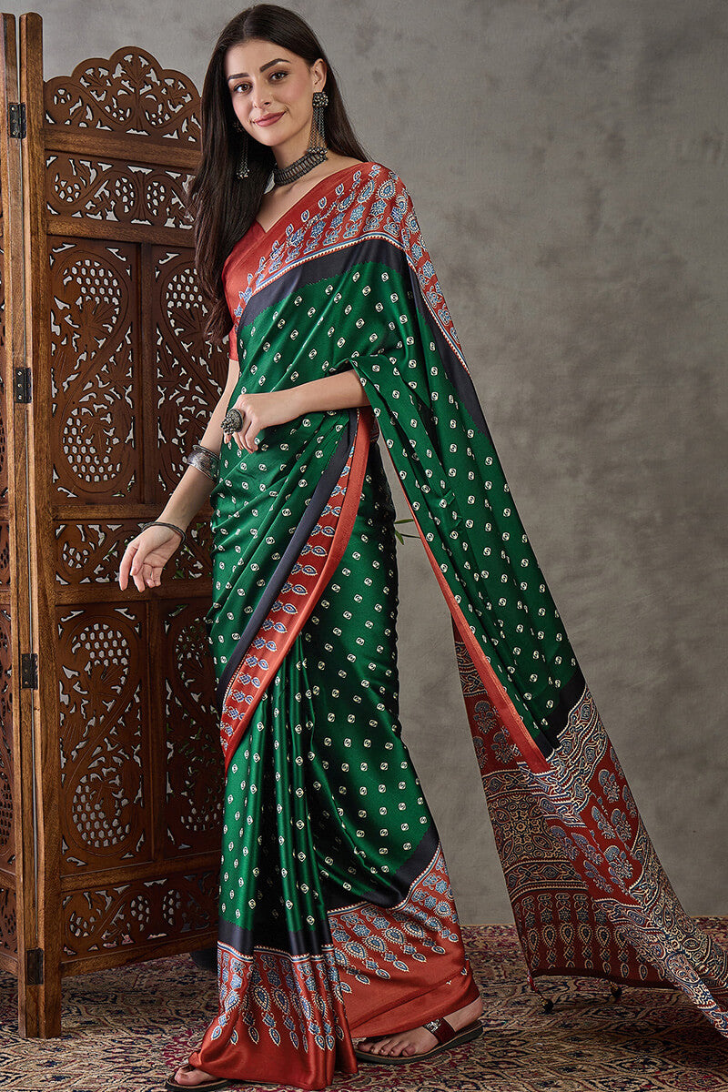 Deserving Dark Green Ajrakh Printed Semi Modal Silk Saree With Stunner Blouse Piece