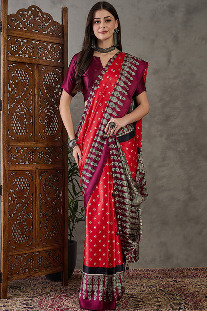 Eloquence Red Ajrakh Printed Semi Modal Silk Saree With Groovy Blouse Piece