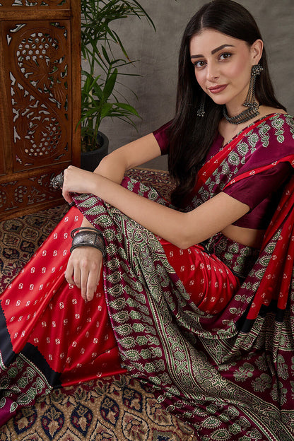 Eloquence Red Ajrakh Printed Semi Modal Silk Saree With Groovy Blouse Piece