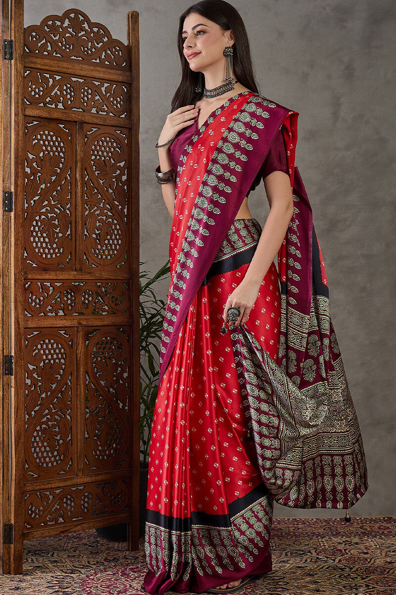 Eloquence Red Ajrakh Printed Semi Modal Silk Saree With Groovy Blouse Piece