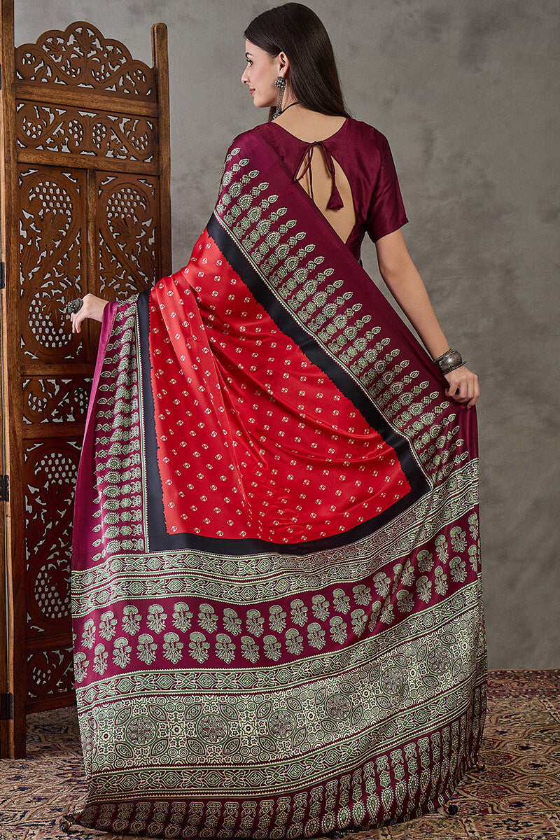 Eloquence Red Ajrakh Printed Semi Modal Silk Saree With Groovy Blouse Piece