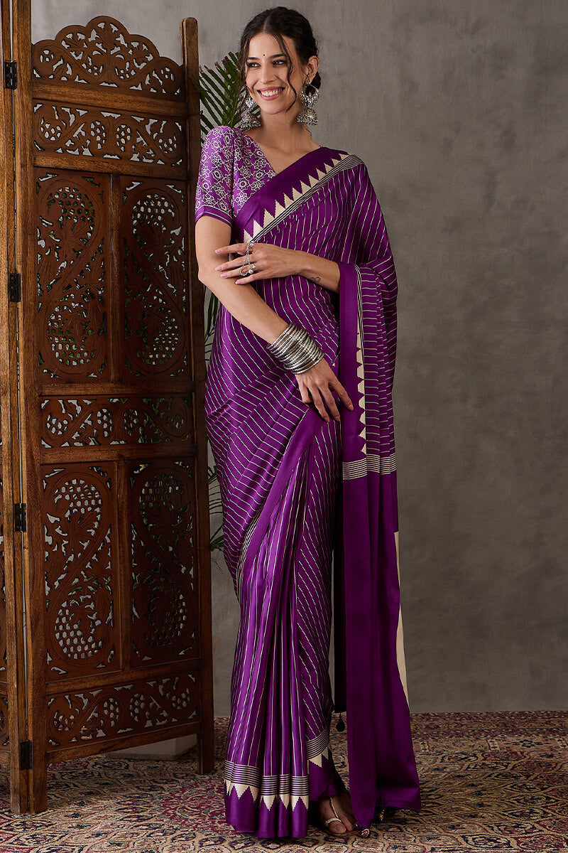 Ineffable Purple Ajrakh Printed Semi Modal Silk Saree With Splendorous Blouse Piece