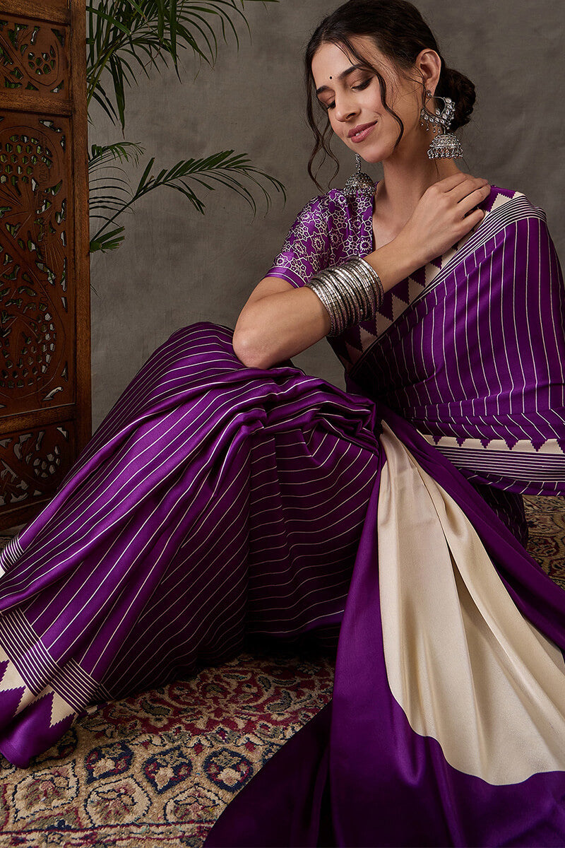 Ineffable Purple Ajrakh Printed Semi Modal Silk Saree With Splendorous Blouse Piece