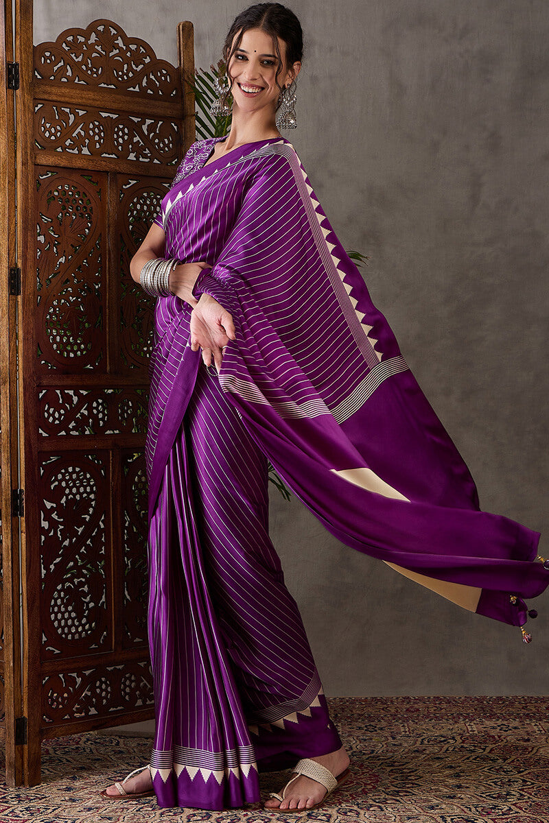 Ineffable Purple Ajrakh Printed Semi Modal Silk Saree With Splendorous Blouse Piece