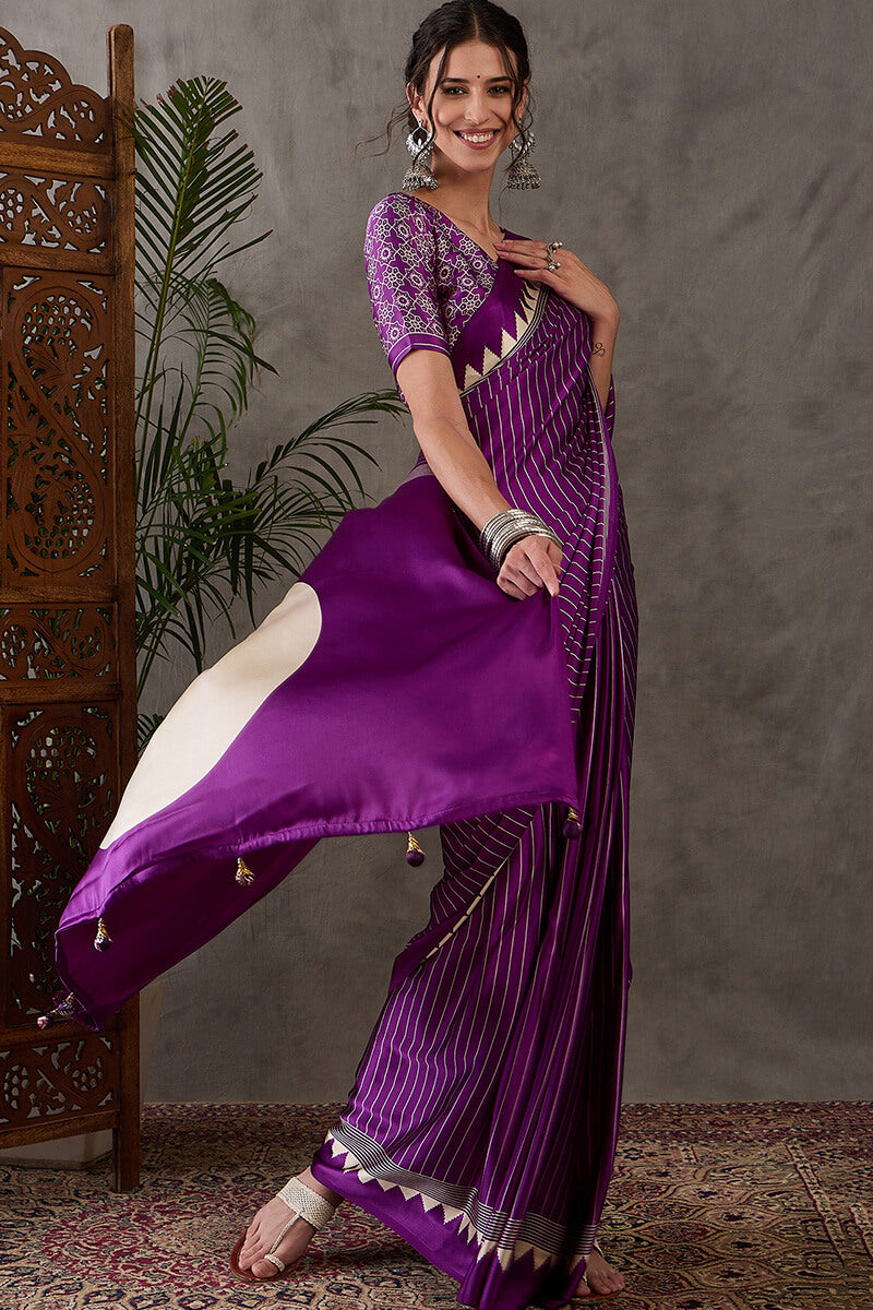Ineffable Purple Ajrakh Printed Semi Modal Silk Saree With Splendorous Blouse Piece