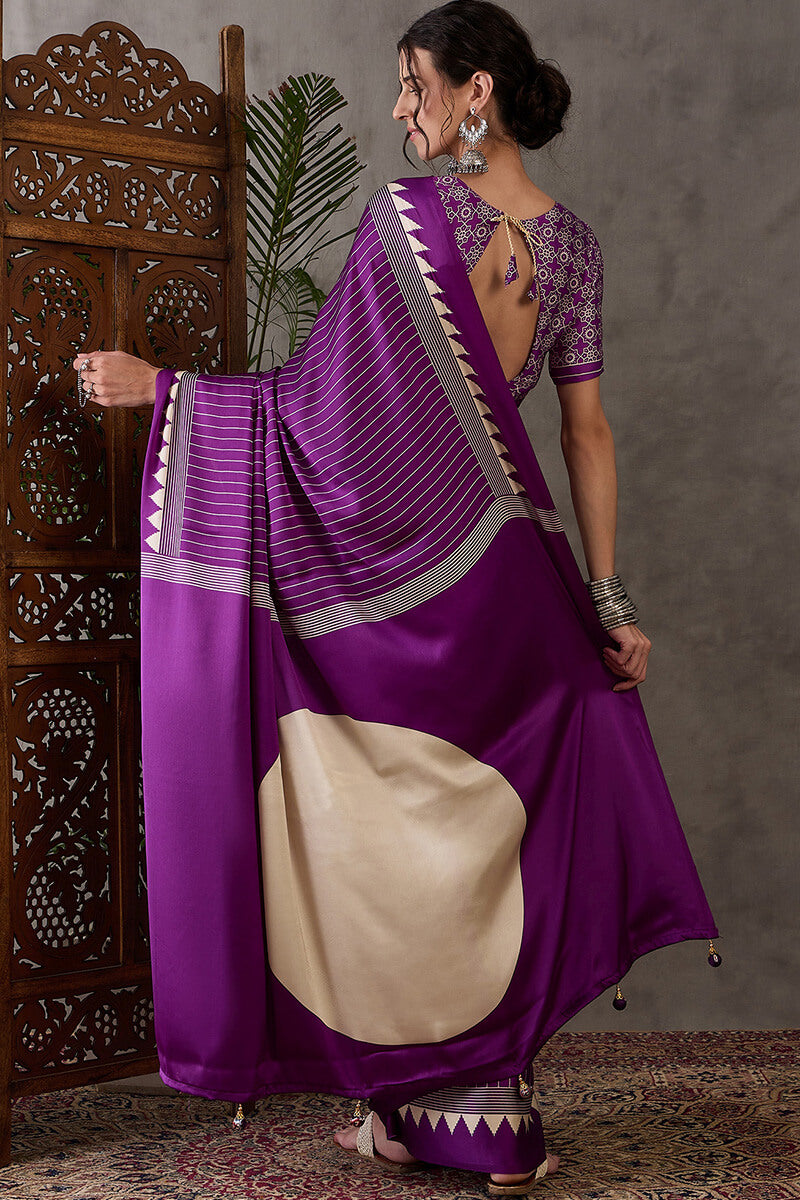 Ineffable Purple Ajrakh Printed Semi Modal Silk Saree With Splendorous Blouse Piece