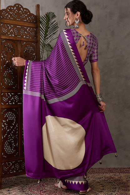 Ineffable Purple Ajrakh Printed Semi Modal Silk Saree With Splendorous Blouse Piece
