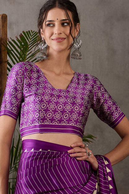 Ineffable Purple Ajrakh Printed Semi Modal Silk Saree With Splendorous Blouse Piece
