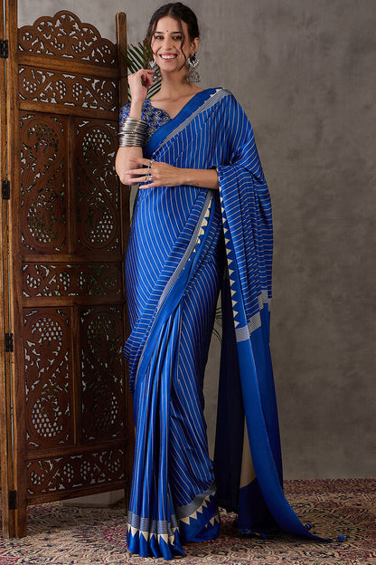 Most Flattering Blue Ajrakh Printed Semi Modal Silk Saree With Adorable Blouse Piece