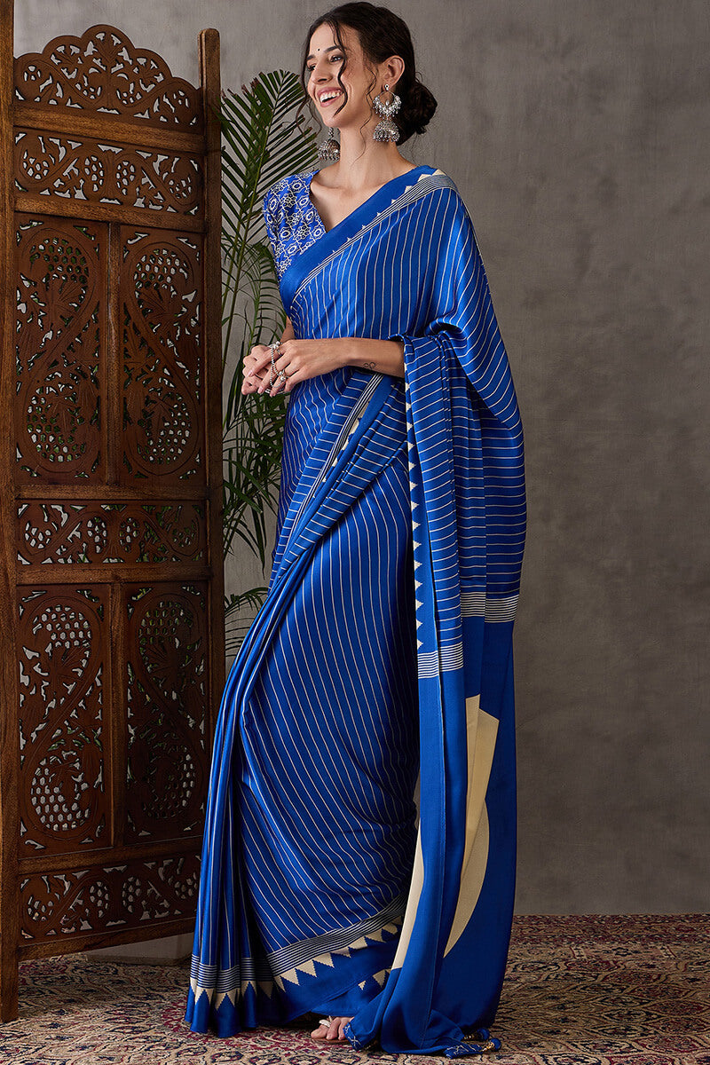 Most Flattering Blue Ajrakh Printed Semi Modal Silk Saree With Adorable Blouse Piece