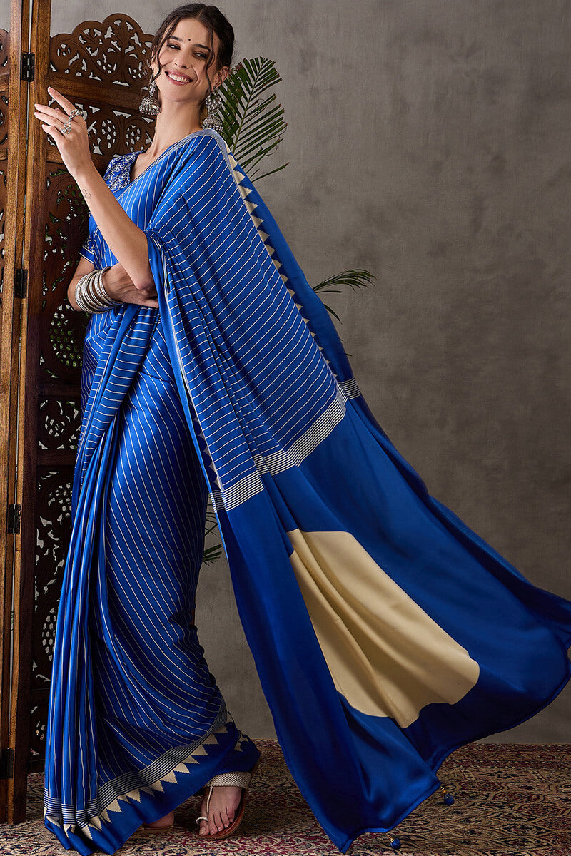 Most Flattering Blue Ajrakh Printed Semi Modal Silk Saree With Adorable Blouse Piece