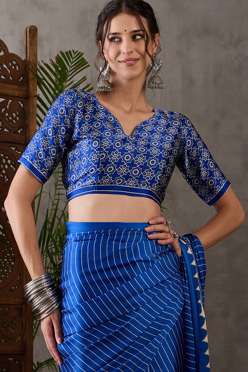 Most Flattering Blue Ajrakh Printed Semi Modal Silk Saree With Adorable Blouse Piece