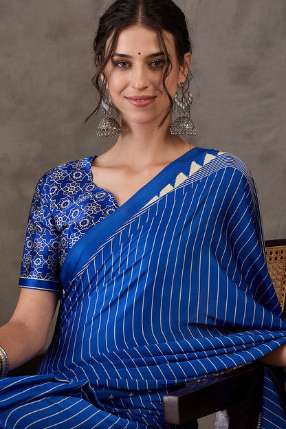 Most Flattering Blue Ajrakh Printed Semi Modal Silk Saree With Adorable Blouse Piece