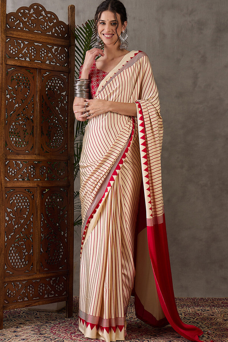 Ratatouille Beige Ajrakh Printed Semi Modal Silk Saree With Lissome Blouse Piece