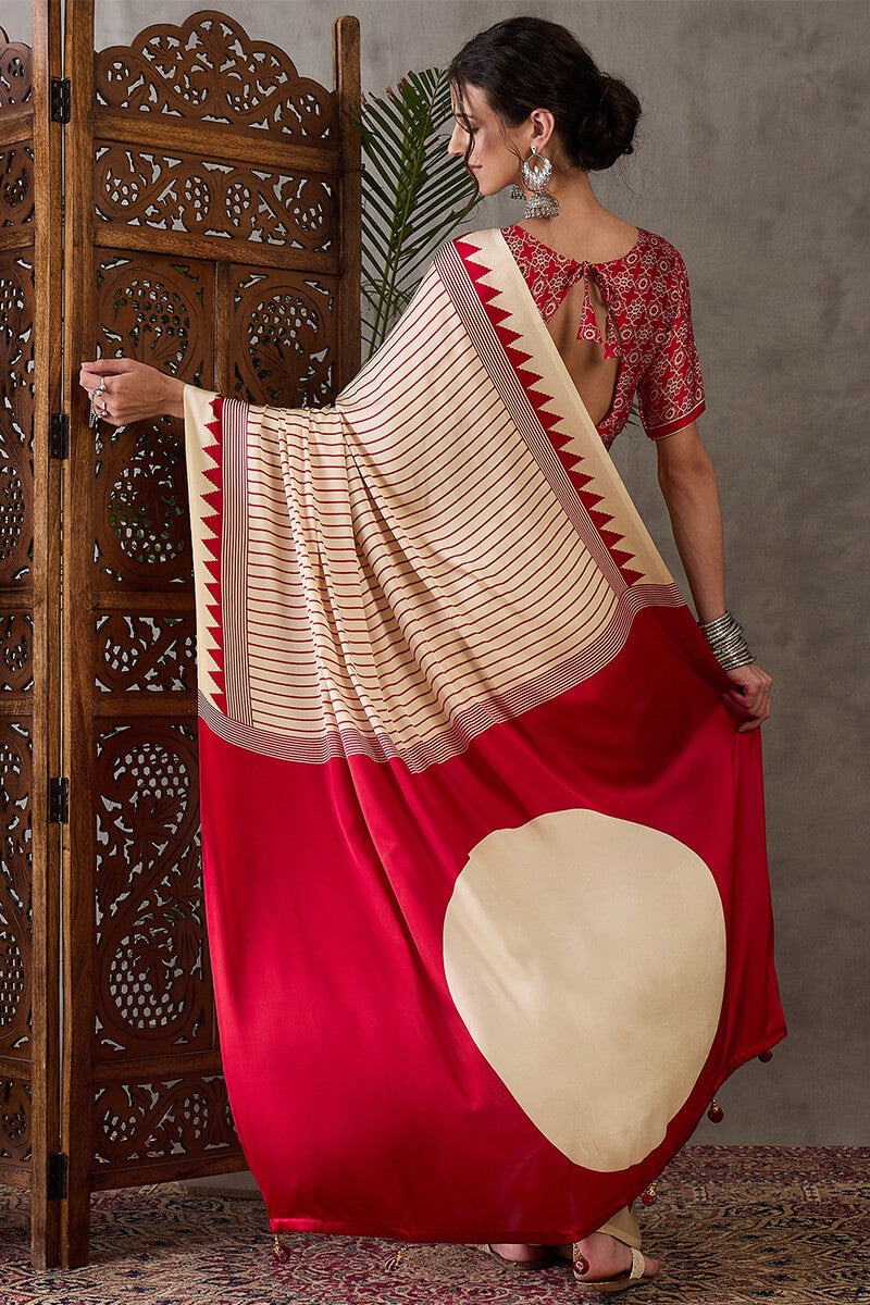 Ratatouille Beige Ajrakh Printed Semi Modal Silk Saree With Lissome Blouse Piece