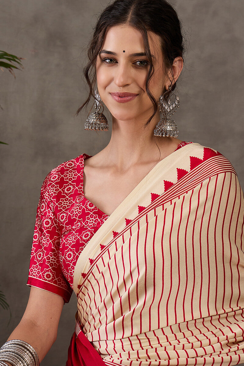 Ratatouille Beige Ajrakh Printed Semi Modal Silk Saree With Lissome Blouse Piece