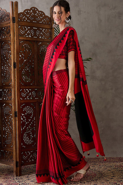 Ornate Red Ajrakh Printed Semi Modal Silk Saree With Alluring Blouse Piece