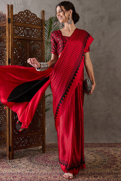 Ornate Red Ajrakh Printed Semi Modal Silk Saree With Alluring Blouse Piece