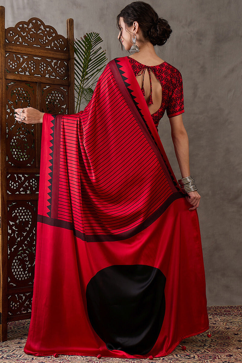 Ornate Red Ajrakh Printed Semi Modal Silk Saree With Alluring Blouse Piece