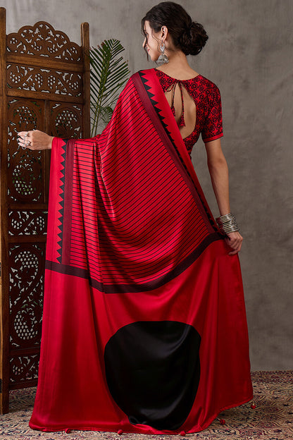 Ornate Red Ajrakh Printed Semi Modal Silk Saree With Alluring Blouse Piece