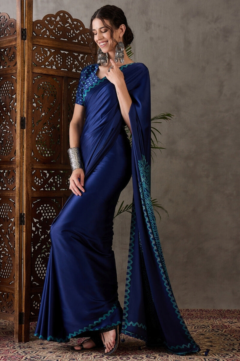 Whimsical Navy Blue Ajrakh Printed Semi Modal Silk Saree With Scrupulous Blouse Piece